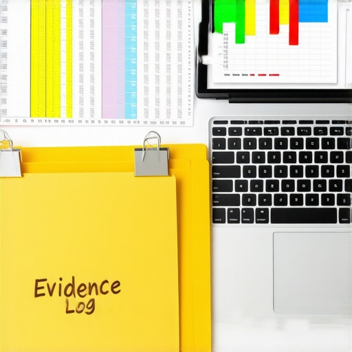 A organized desk with a credit evidence log folder and a laptop showing FICO score progress
