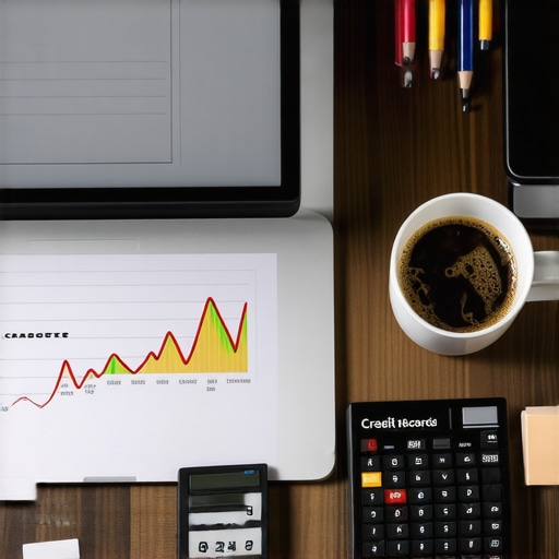 A desk with credit monitoring tools and a record-keeping folder for FICO score management.