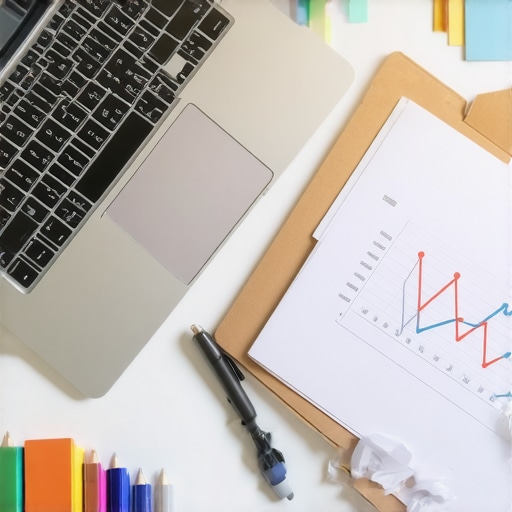 Organized desk with credit evidence files and financial growth charts