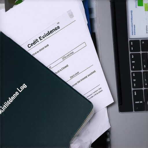 A credit evidence log binder and certified mail receipts used for credit repair maintenance.