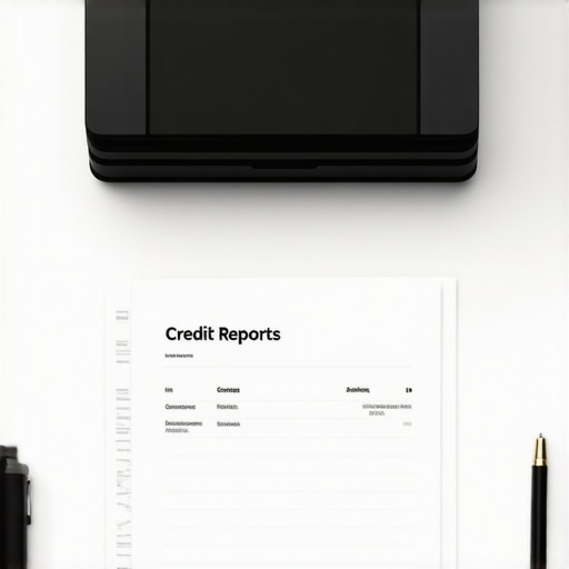 A desk with paper credit reports, a document scanner, and a smartphone depicting organized credit monitoring and dispute preparation.