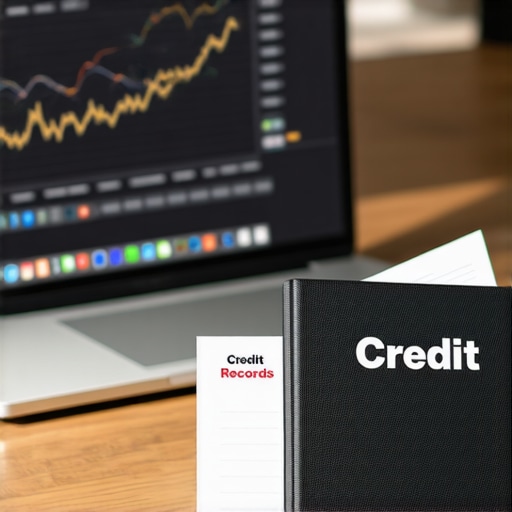 Professional Credit Maintenance Tools A laptop displaying FICO score trends next to a physical credit record binder for long-term maintenance.