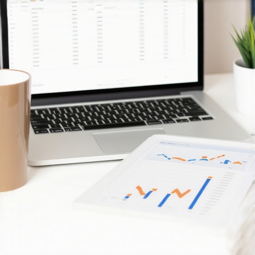 Professional Credit Maintenance Workspace Person managing credit reports and FICO scores on a laptop with a digital audit spreadsheet.