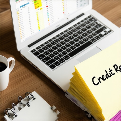 A desk with credit repair documents and a laptop showing credit score tracking.