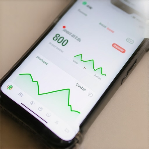 A smartphone screen showing a credit score of 820 and a detailed financial growth chart.