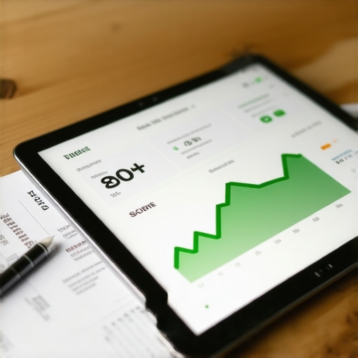 Digital dashboard and physical credit report showing a high FICO score