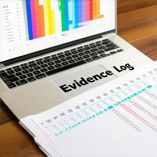 A desk with a laptop showing credit scores and a physical evidence log for credit repair tracking.