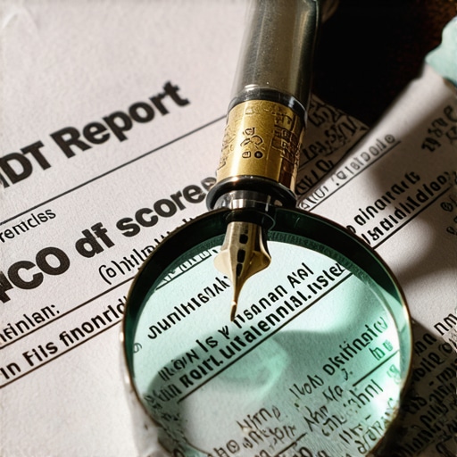 A detailed credit report being reviewed with a magnifying glass and fountain pen.