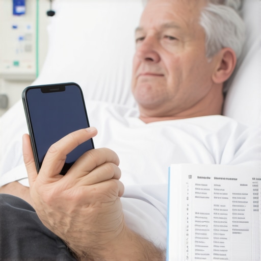 A patient using a smartphone and logbook to manage credit accounts and contact hardship departments while in a hospital.