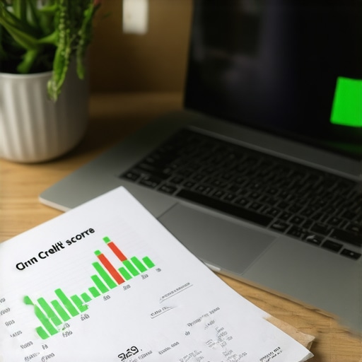 Physical paper credit report on desk with laptop showing credit score chart