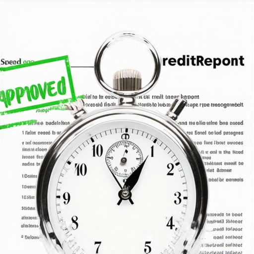 A stopwatch and a credit report showing a score increase for a mortgage approval.
