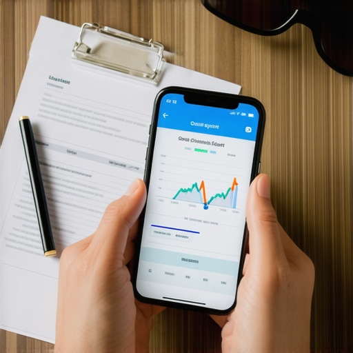 Hands holding a smartphone showing a credit score increase next to paper credit reports.