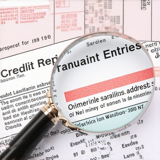 A magnifying glass highlighting a misspelled name and wrong address on a credit report to show identity theft detection.