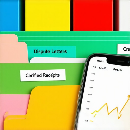 Physical filing folder for credit disputes and a smartphone tracking FICO scores.