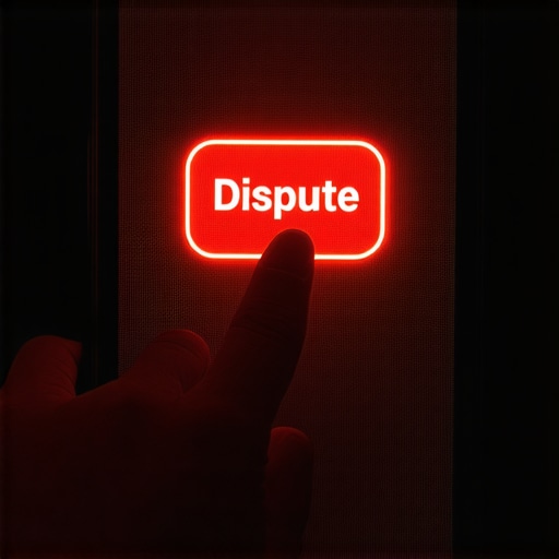 Close up of a hand about to click a dispute button on a phone screen with warning lighting.