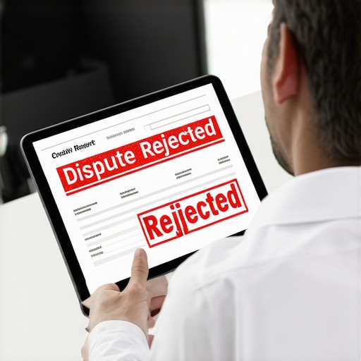 A person reviewing a rejected credit dispute notification on a digital tablet.