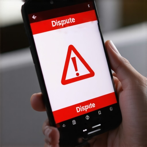 Close-up of a smartphone app showing a dispute button with a warning sign.