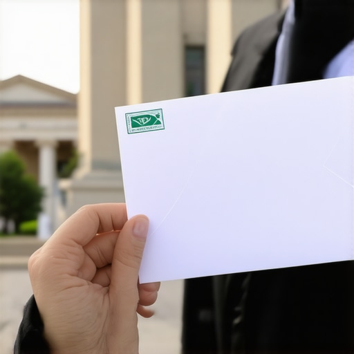 The Power of Certified Mail in Credit Repair A person holding a certified mail envelope with a green receipt in front of a courthouse.
