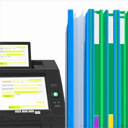 A desk with a document scanner and organized credit report files for manual auditing.