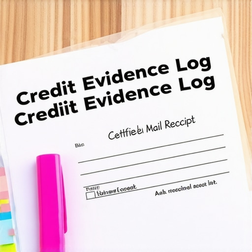 The Ultimate Credit Evidence Log for FICO Maintenance A physical folder labeled Credit Evidence Log with certified mail receipts and documents for credit repair.