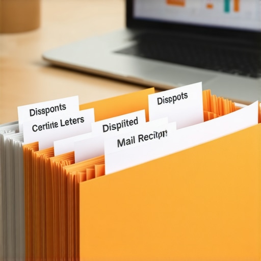 A physical folder system and laptop used for tracking credit disputes and FICO score progress.