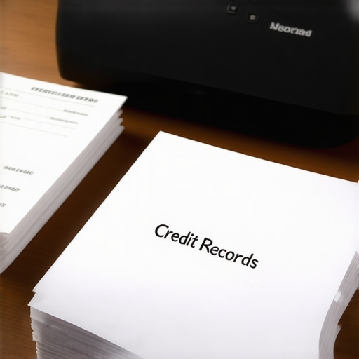 A desk with a document scanner and a binder for credit dispute records and mail receipts.