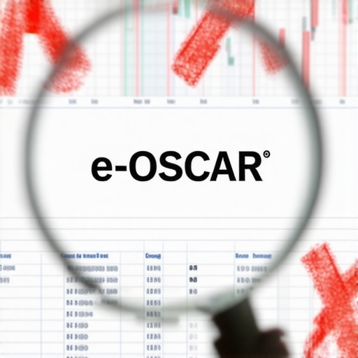 Close-up of a credit report showing the e-OSCAR automated system with a magnifying glass.
