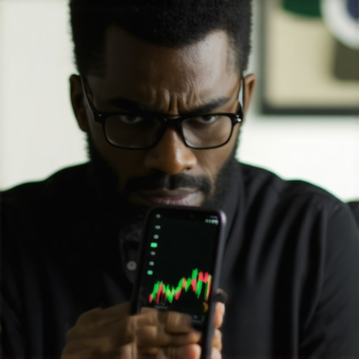 A person looking at a falling credit score on their phone in a home office