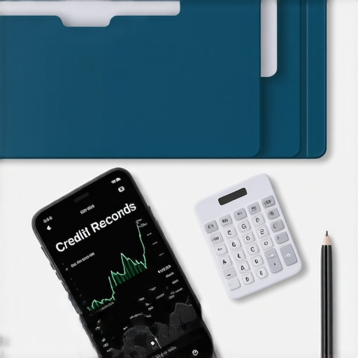 Tools for Long-Term FICO Maintenance An organized desk with physical files and a smartphone showing credit score progress, representing tools for long-term credit repair maintenance.