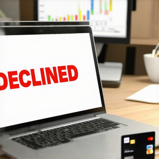 A person reacting to a credit decline and a dipping FICO score graph